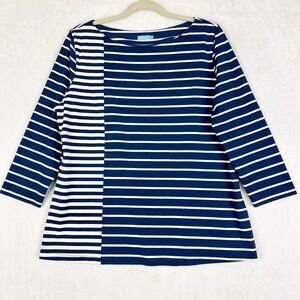 J McLaughlin Catalina Cloth Signature Tee Top Size XL Stripe Navy White Boatneck